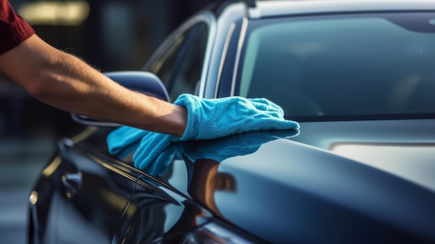 Man schoonmaak auto met microvezeldoek close-up