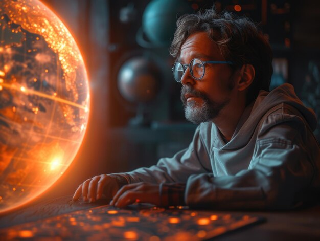 Photo a man scientist working on holographic planet display ai augmented reality futuristic science