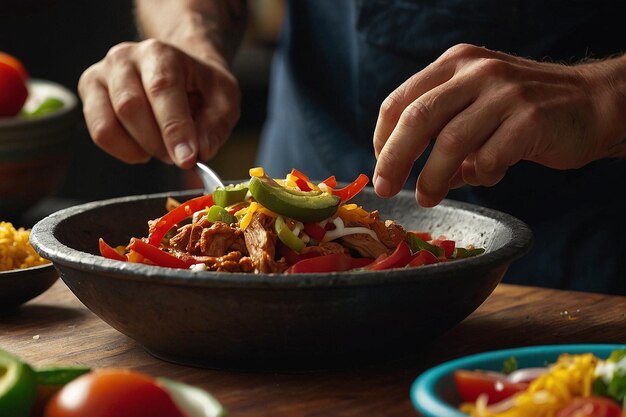 Man Scooping Salsa onto Chicken Fajitas