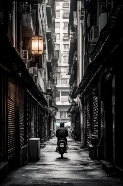 A man on a scooter in an alley with a light on the wall.