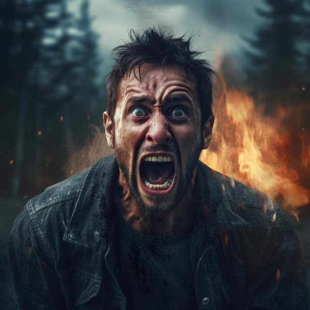 a man screaming in front of a fire