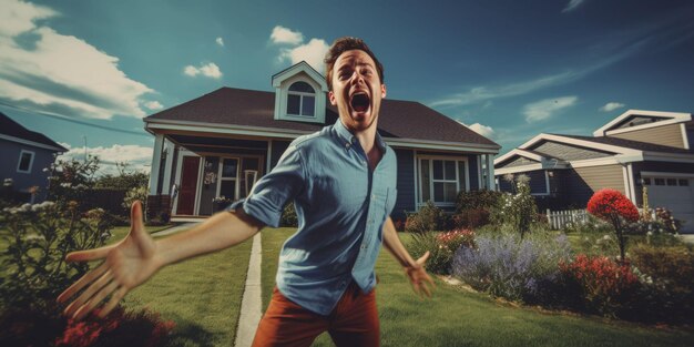 Man Screaming in Front of House