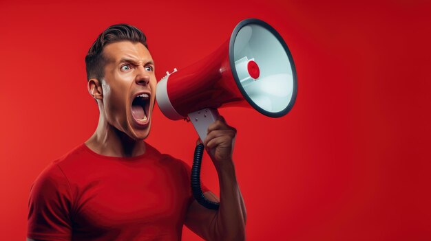 Photo man screaming into a loudspeaker isolated on red background