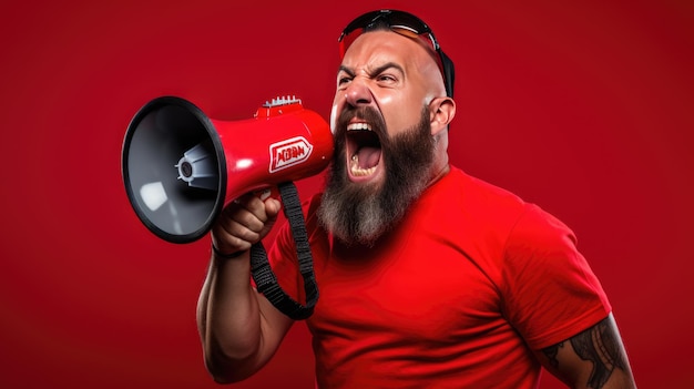 Man screaming into a loudspeaker isolated on red background