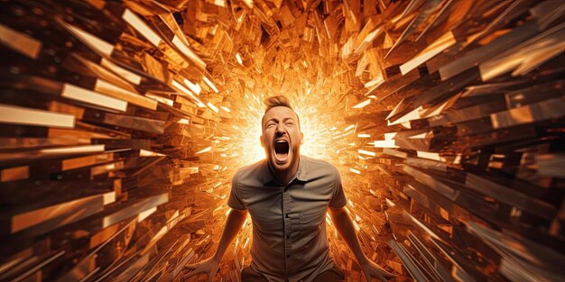 man screaming in a wooden tunnel with wood surrounding it