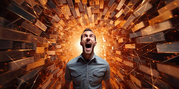 man screaming in a wooden tunnel with wood surrounding it