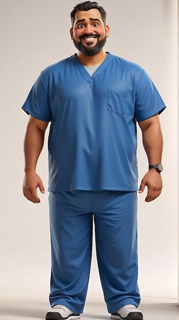 a man in scrubs and scrubs stands next to a door
