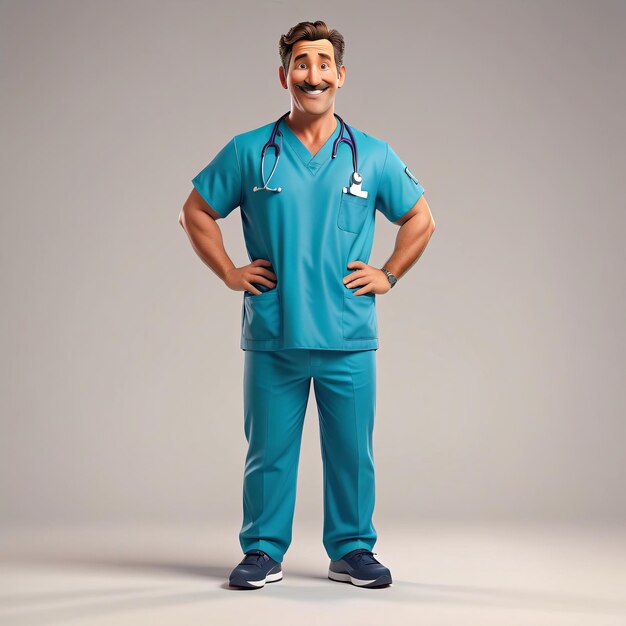 a man in scrubs and scrubs stands with his hands on his hips