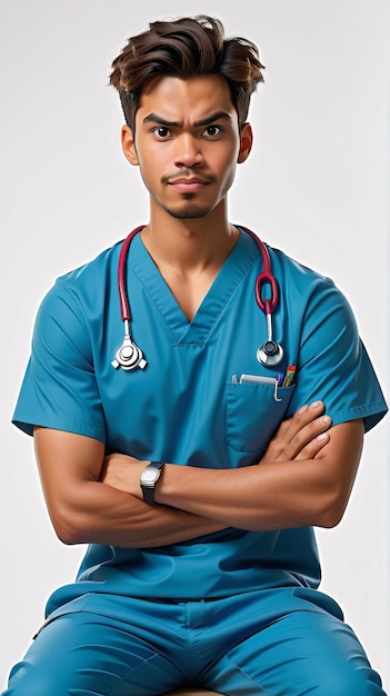 a man in scrubs sitting on a stool