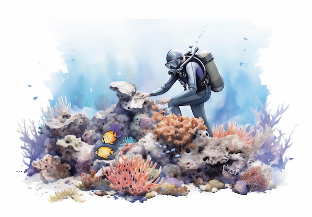 多様なサンゴを持つ美しい色とりどりのサンゴ礁をチェックする男性スキューバ ダイバー