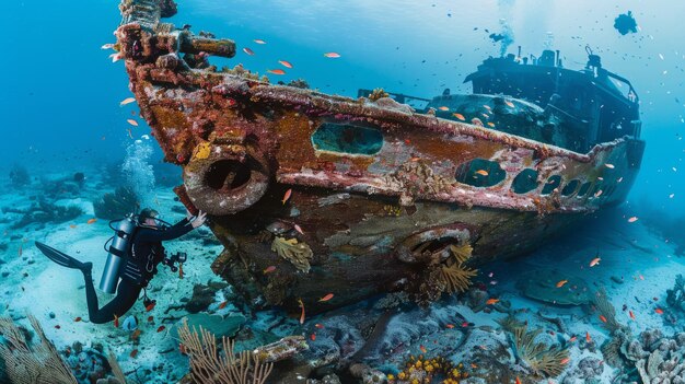 Foto un uomo in attrezzatura subacquea esplora le acque dell'oceano vicino a un vecchio naufragio che mostra il mondo sottomarino