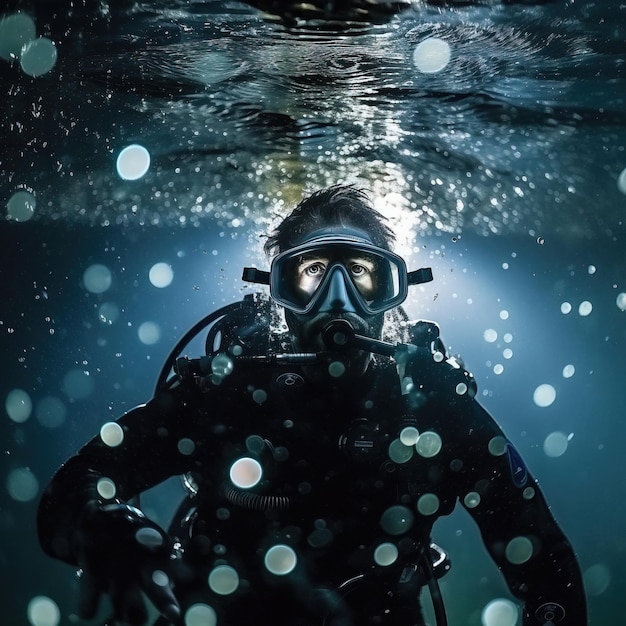 Foto un uomo in attrezzatura da sub sott'acqua ai generativa art
