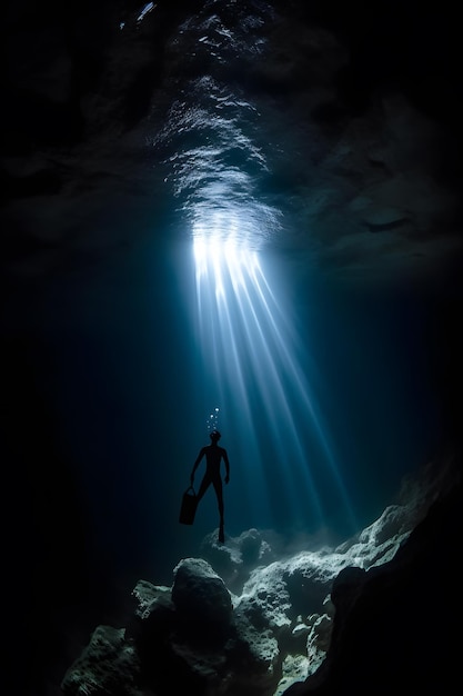 스쿠버 슈트를 입은 남자가 불빛 아래 어두운 동굴에 서 있습니다.