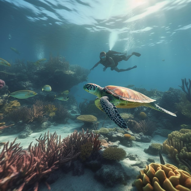 A man in a scuba suit swims next to a turtle in the ocean.