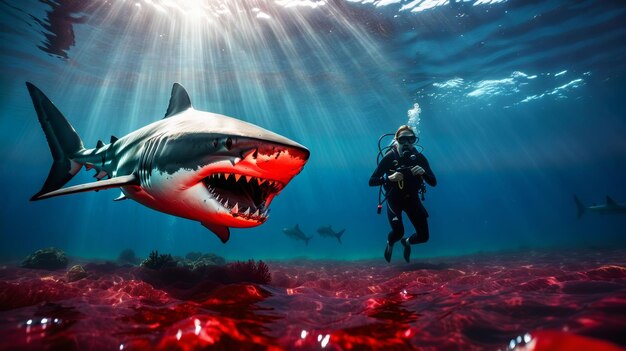 Photo man scubas with shark in ocean