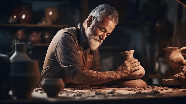 A man sculpting a vase from clay