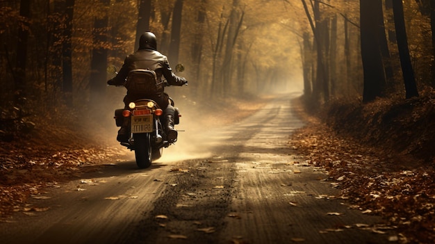 Man seat on the motorcycle on the forest road