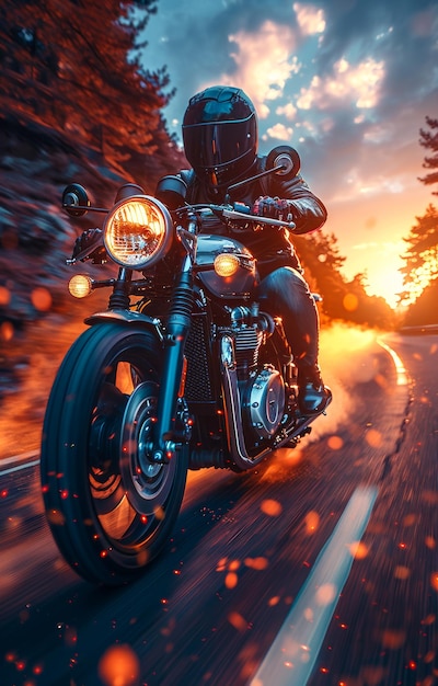 Man seat on the motorcycle under the rays of the sunset