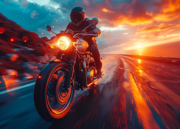 Man seat on the motorcycle riding on the empty road at sunset