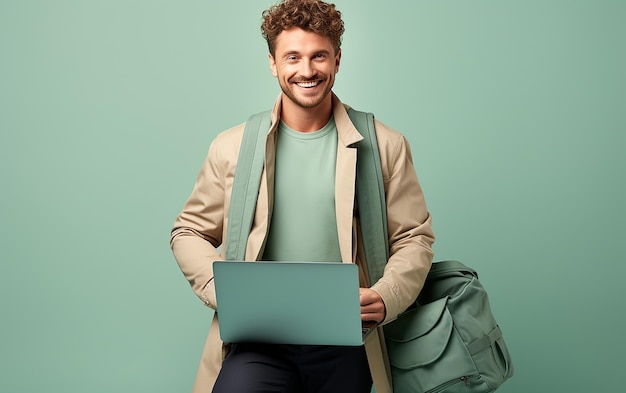 A Man Seated in a Chair Working on a Laptop Against a Sea Green Background