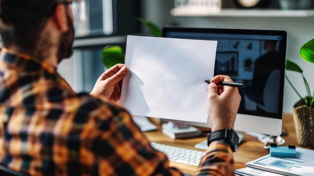 Photo a man seated at a desk passionately engrossed in writing on a piece of paper immersed in the creative process mockup for design