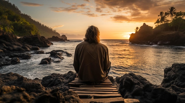 ドックに座って夕暮れの海の美しさを見ている男