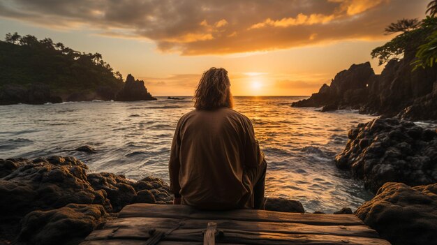 ドックに座って夕暮れの海の美しさを見ている男