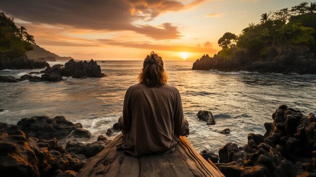 ドックに座って夕暮れの海の美しさを見ている男