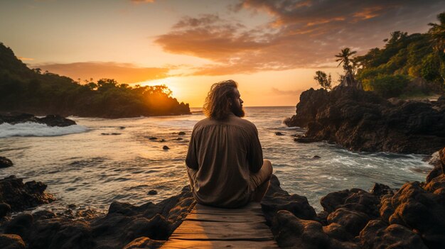 ドックに座って夕暮れの海の美しさを見ている男