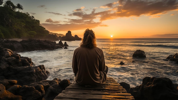 ドックに座って夕暮れの海の美しさを見ている男