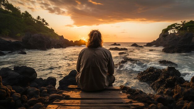 ドックに座って夕暮れの海の美しさを見ている男