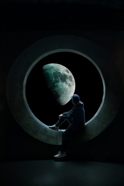 Man seeing towards the moon photo manipulation