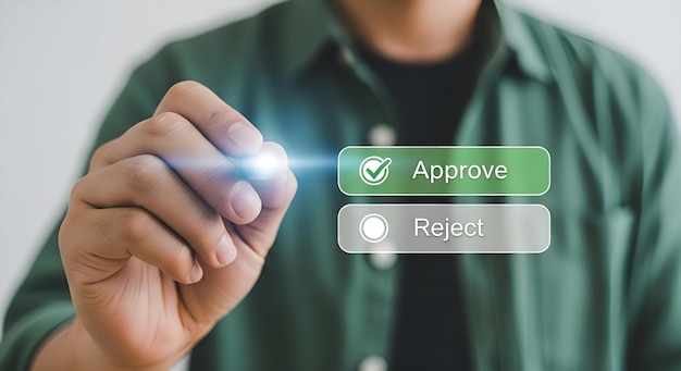 Man Selecting Approve Button in Digital Interface UI Concept of Decision Making Application Review Verification Process and Workflow Approval Option