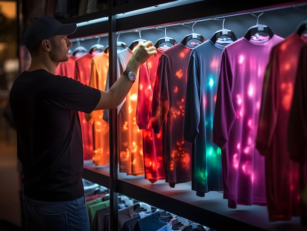 A man selects a neon tech shirt in the wardrobe