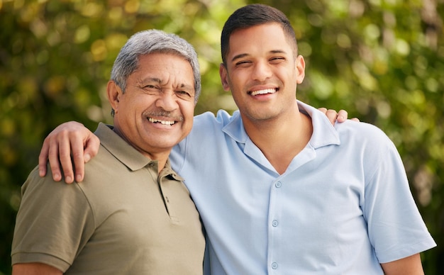 Photo man senior dad or portrait in park on fathers day for bond support or love with smile care or pride hug retirement or mature dad with a happy son in outdoor garden together on holiday vacation