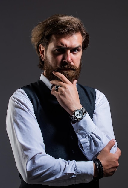 Man serious bearded businessman stylish formal outfit fashion accessory concept