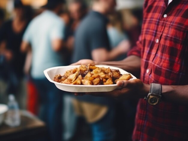 Photo man serving tasty fried snack at outdoor food event