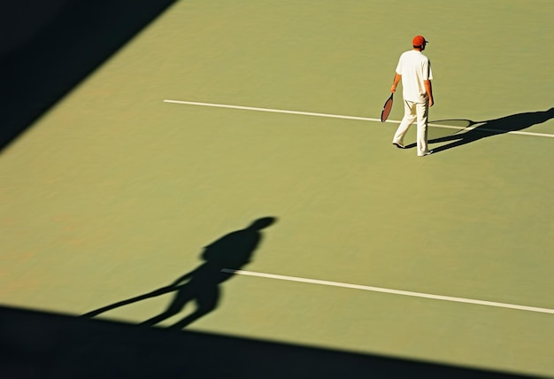 Man serving in tennis long shadows