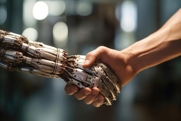 Man shaking hands with cyborg AI