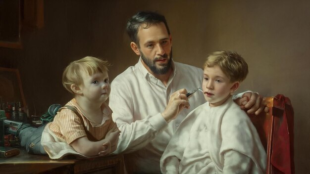 Man shaving next to his son