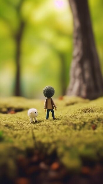 Foto un uomo e una pecora sono in piedi in una foresta.