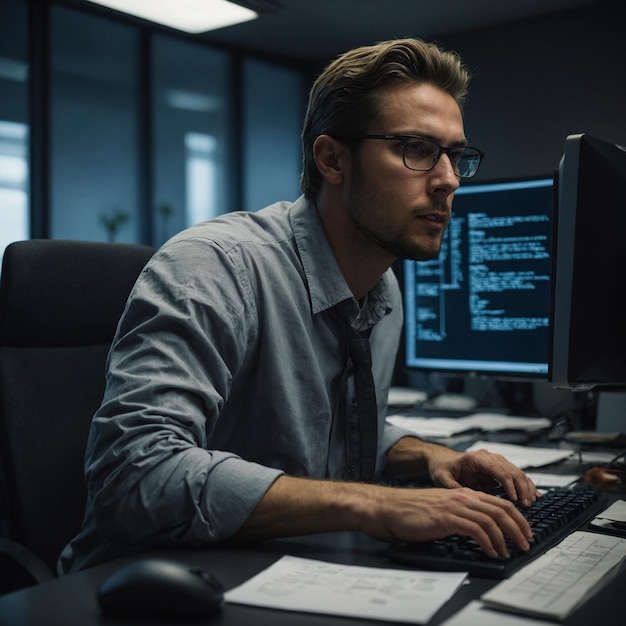 Foto un uomo in camicia e occhiali è a un computer con un monitor computer a sinistra