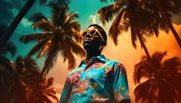 man in a shirt and sunglasses standing next to the palm trees in the style of color splash