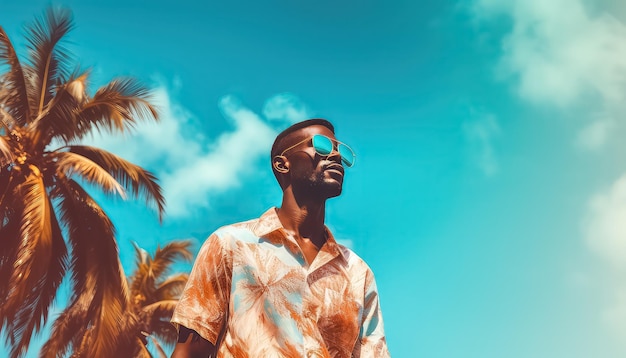 man in a shirt and sunglasses standing next to the palm trees in the style of color splash