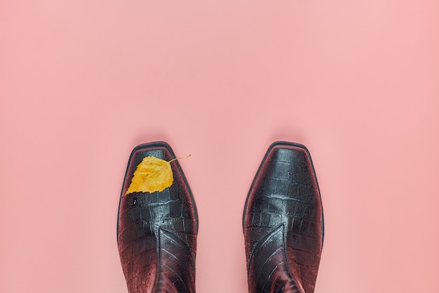 Photo man shoes with a leaf