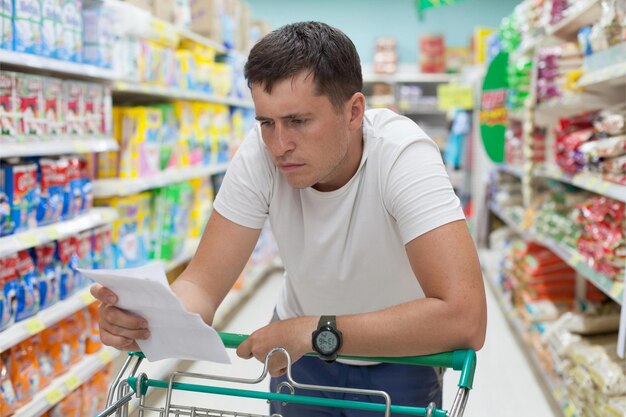 Foto un uomo in un carrello della spesa che legge un giornale in un negozio di alimentari.