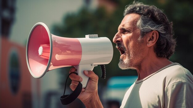 Foto un uomo che grida in un megafono