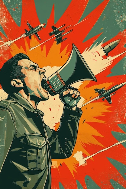 Man shouting in megaphone war propaganda hate speech Angry person screaming into loudspeaker launching rocket missiles bombs Military aggression propaganda media disinformation concept