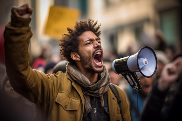 A man shouts into a megaphone with a sign that says'i am a protest '