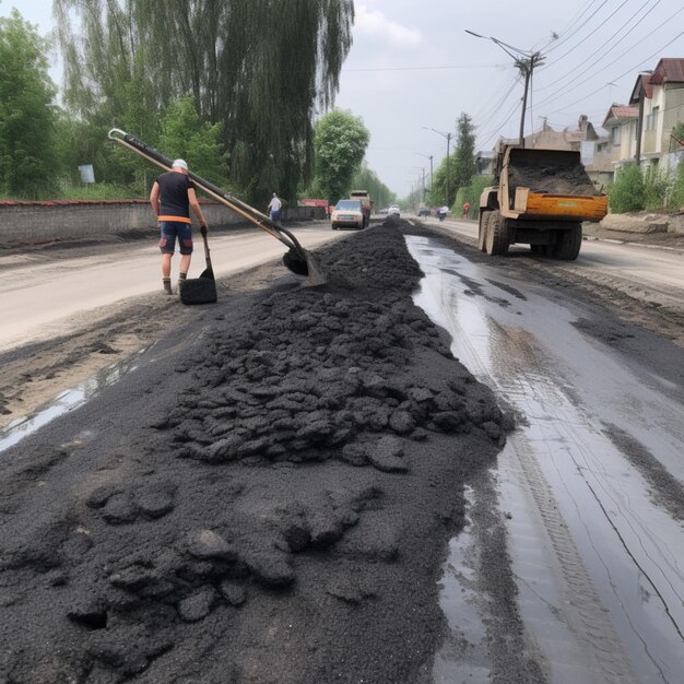 A man shoveling a pile of dirt with a shovel.